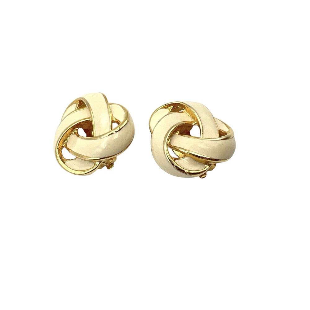 Vintage Knot Earrings Clip On Classic Chic Cream Enamel Gold Tone Classy Retro